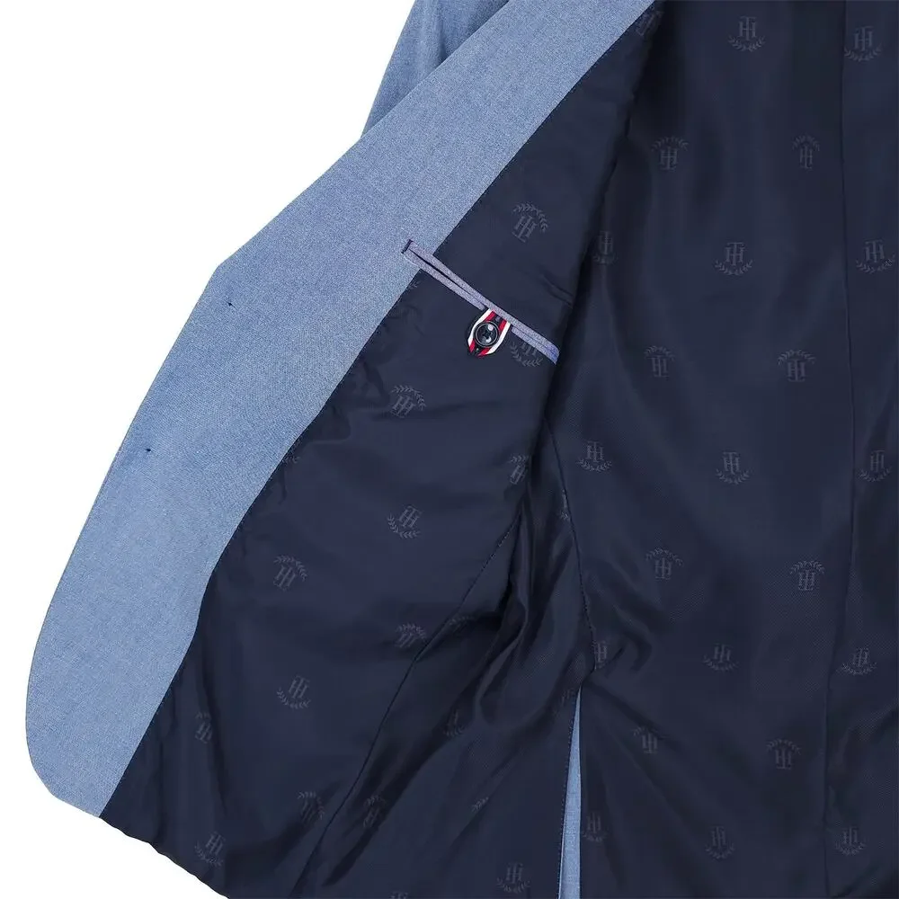 Tommy Hilfiger Mens Modern Fit Sport Coat 40S Blue Solid Stretch Cotton Chambray